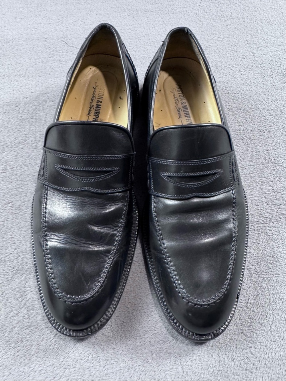 Johnston & Murphy Black Leather Penny Loafers - Sleek Dress Slip-Ons - Picture 2 of 13